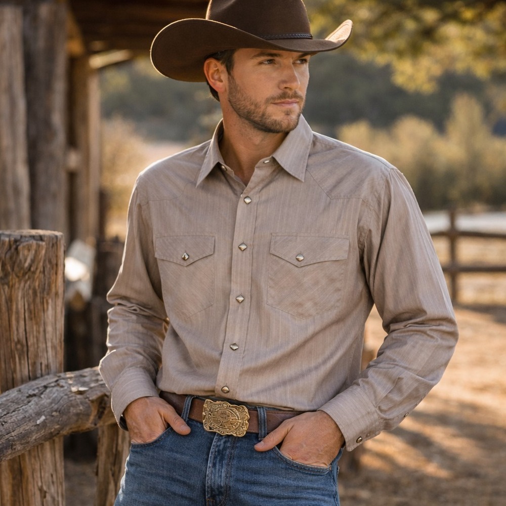 Larry Mahan Western Pearl Snap Shirt‎ Men's XL Beige Dobby Cowboy Rodeo Vintage